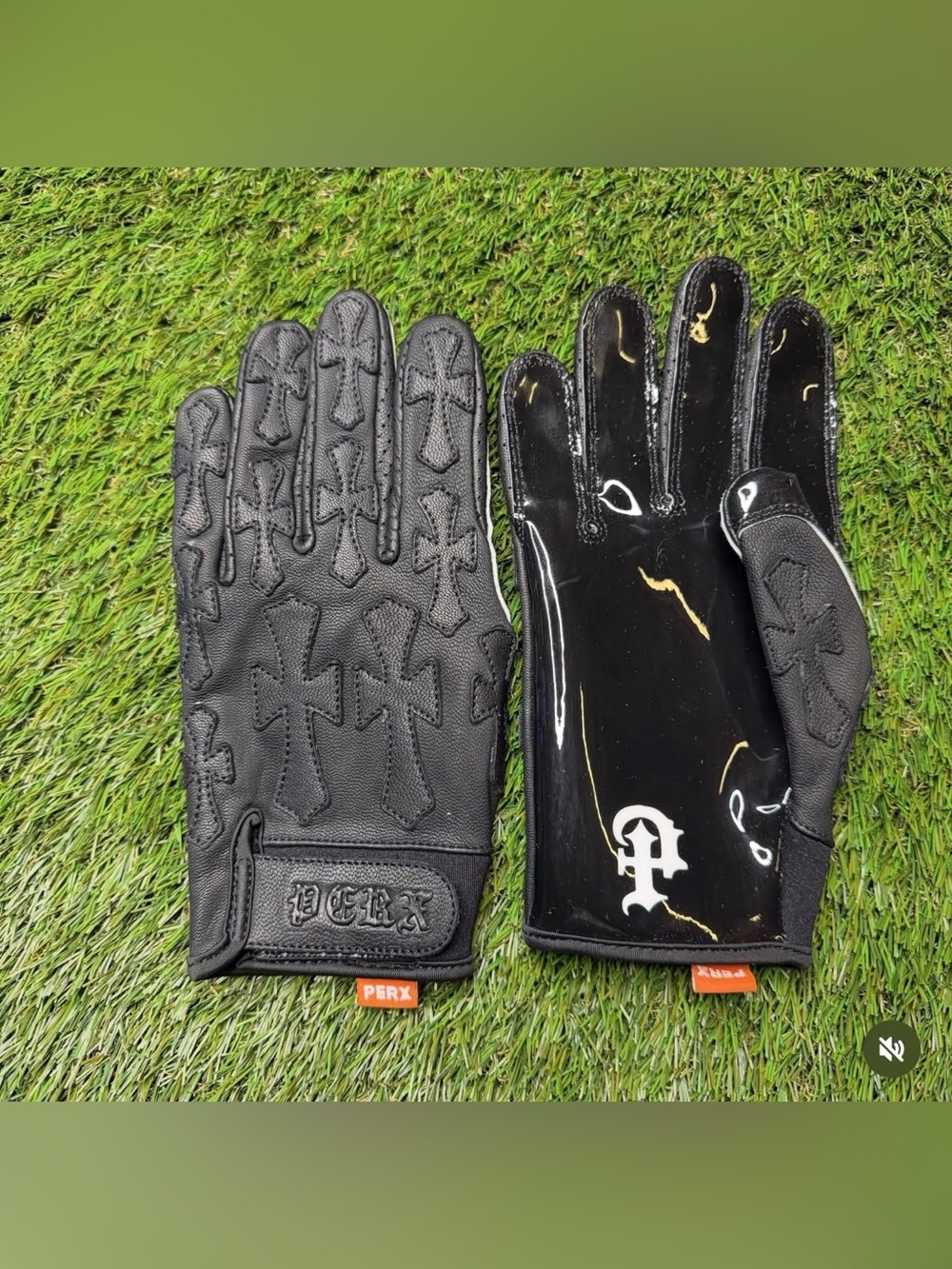 PERX SAINT GLOVES 2XL FOOTBALL PLAYING GEAR BLACK LEATHER CROSS PATCH ADULT SIZE